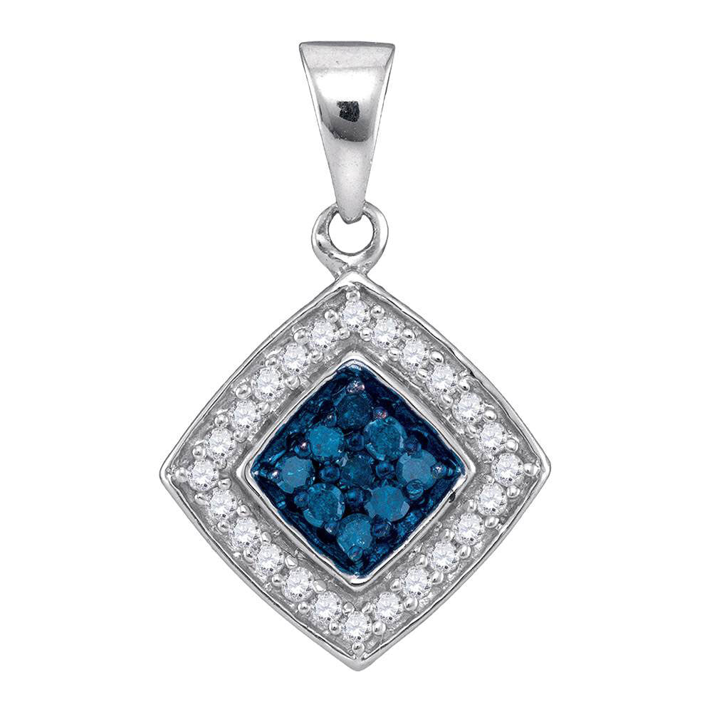 10kt White Gold Womens Round Blue Color Enhanced Diamond Diagonal Square Pendant 1/4 Cttw