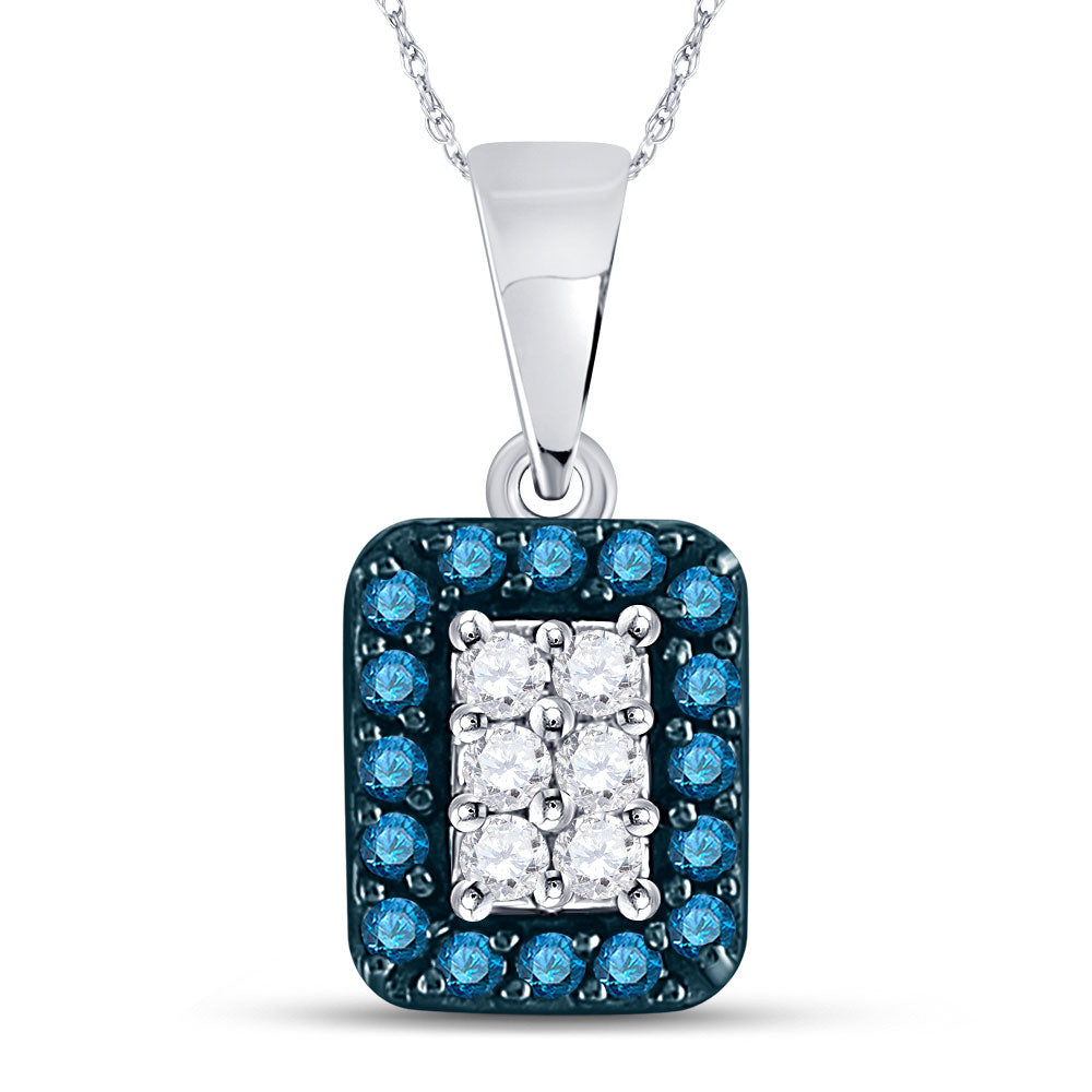 10kt White Gold Womens Round Blue Color Enhanced Diamond Rectangle Cluster Pendant 1/5 Cttw