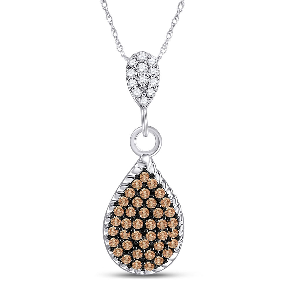 10kt White Gold Womens Round Brown Diamond Teardrop Cluster Pendant 1/4 Cttw