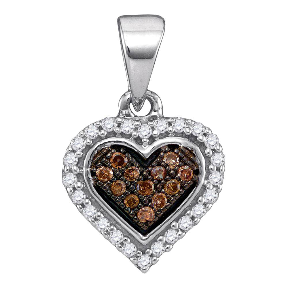 10kt White Gold Womens Round Brown Diamond Heart Cluster Pendant 1/8 Cttw