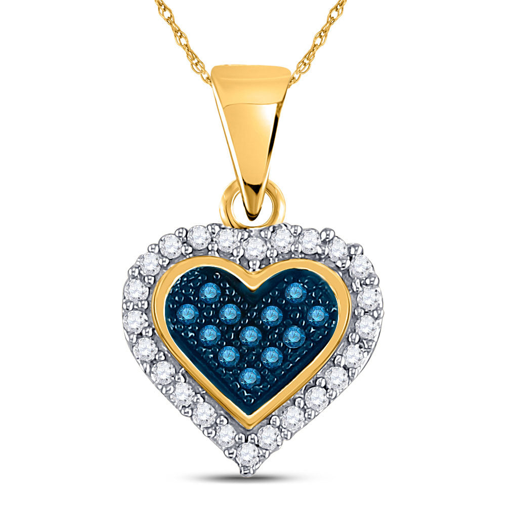 10kt Yellow Gold Womens Round Blue Color Enhanced Diamond Heart Pendant 1/8 Cttw