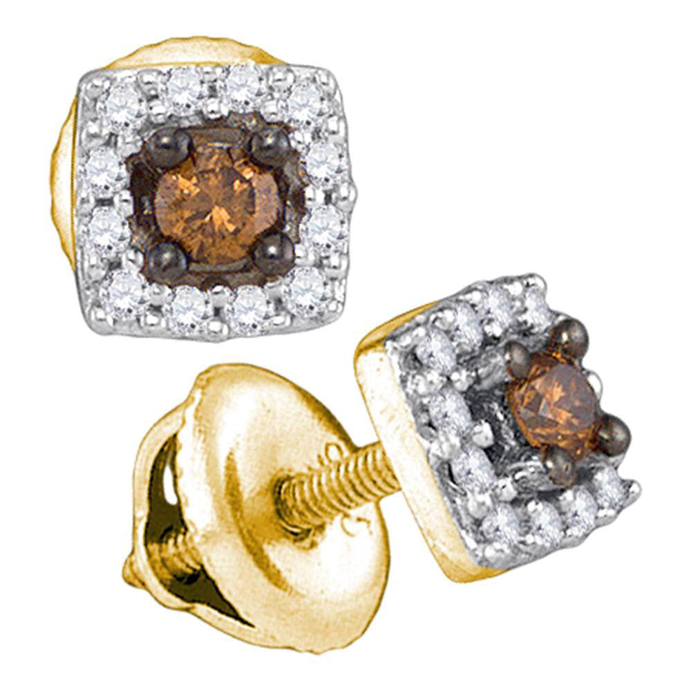 10kt Yellow Gold Womens Round Brown Diamond Square Earrings 1/4 Cttw