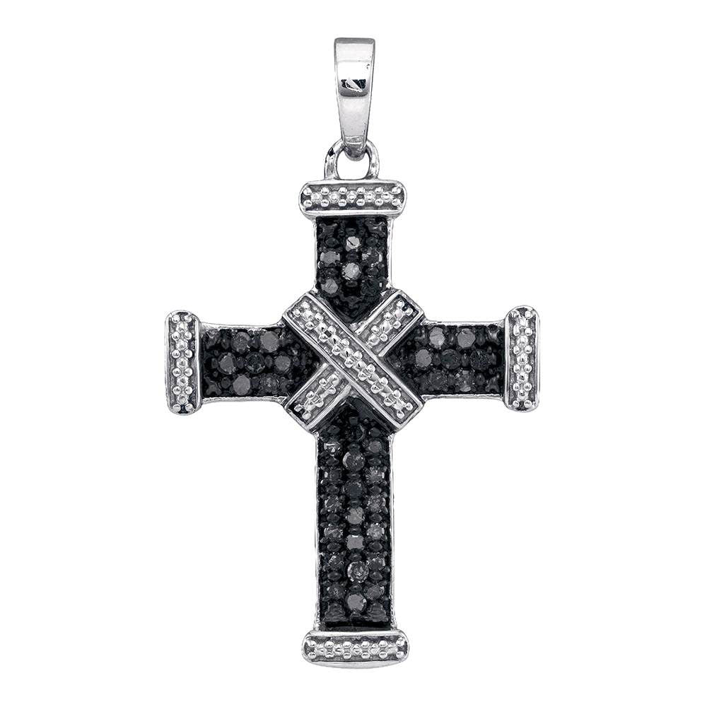 Sterling Silver Womens Round Black Color Enhanced Diamond Cross Pendant 1/4 Cttw