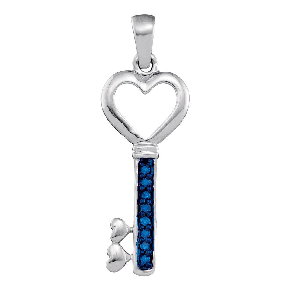 10kt Yellow Gold Womens Round Blue Color Enhanced Diamond Heart Key Pendant 1/20 Cttw