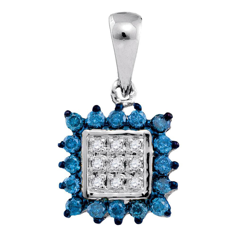 10kt White Gold Womens Round Blue Color Enhanced Diamond Square Cluster Pendant 1/3 Cttw