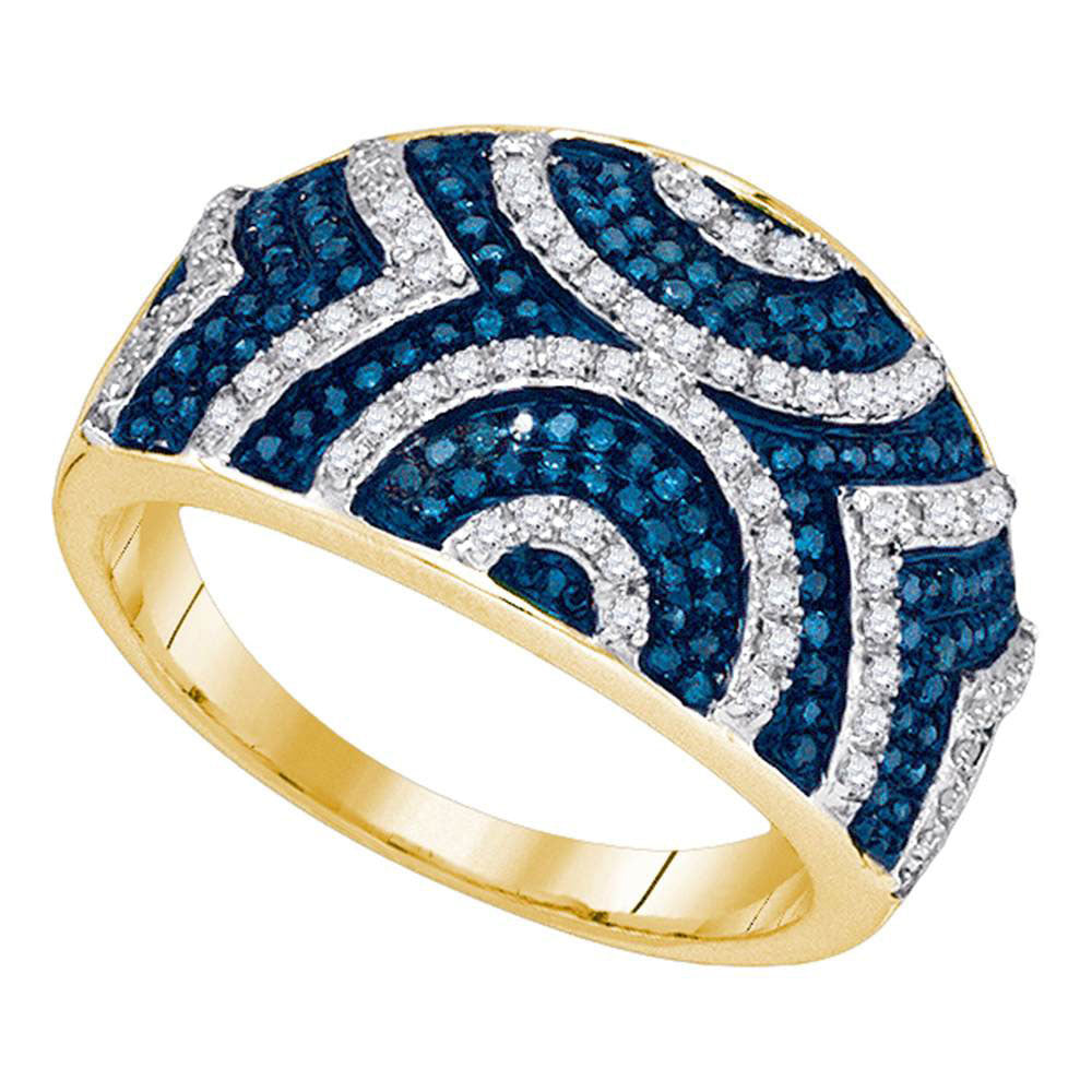 10kt Yellow Gold Womens Round Blue Color Enhanced Diamond Geometric Stripe Band 1/2 Cttw