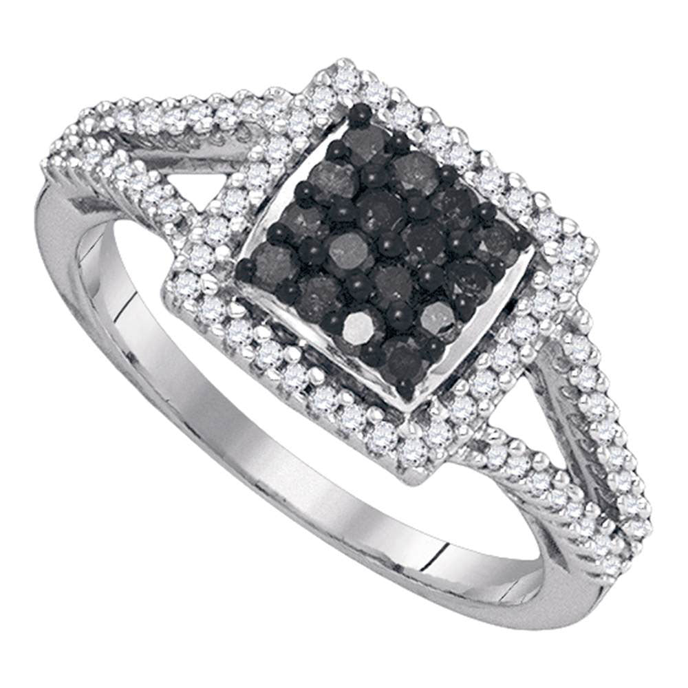 10kt White Gold Womens Round Black Color Enhanced Diamond Square Frame Cluster Ring 1/2 Cttw