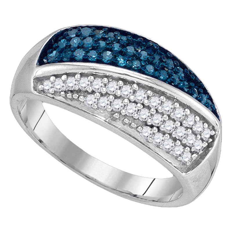 10kt White Gold Womens Round Blue Color Enhanced Diamond Double Stripe Cluster Band 1/2 Cttw