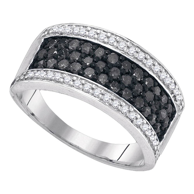 10kt White Gold Womens Round Black Color Enhanced Diamond Horizontal Stripe Band Ring 1 Cttw