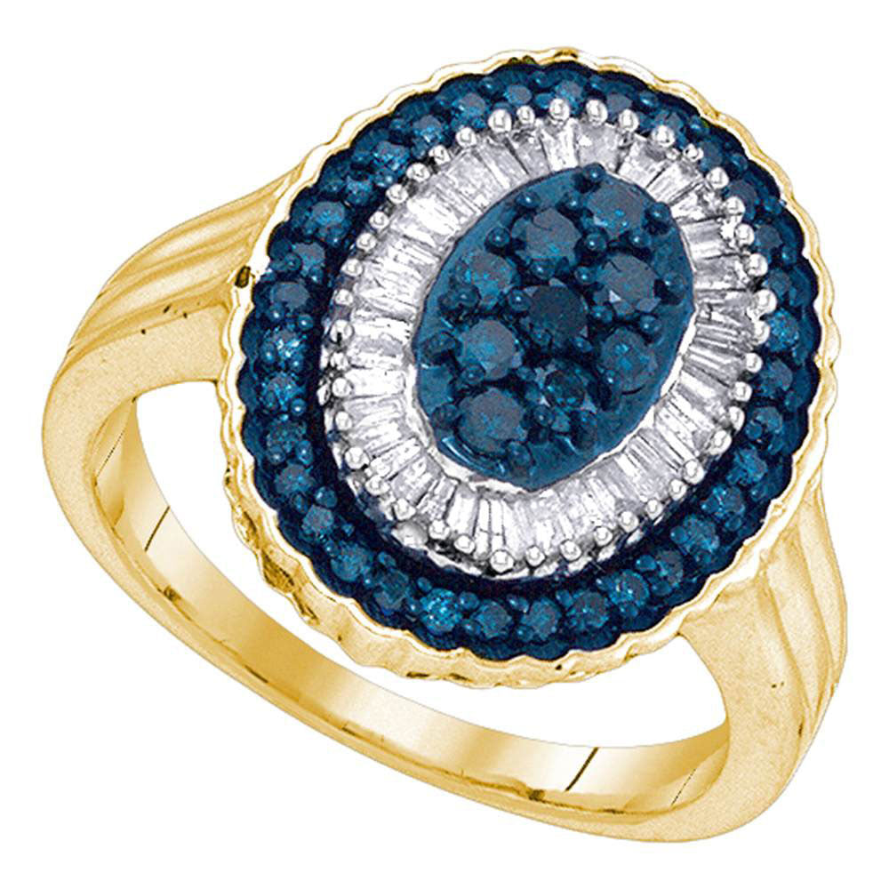 10kt Yellow Gold Womens Round Blue Color Enhanced Diamond Oval Frame Cluster Ring 3/4 Cttw