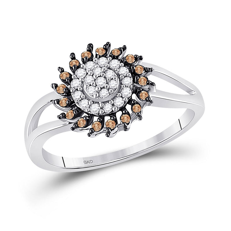 10kt White Gold Womens Round Brown Diamond Flower Cluster Ring 1/4 Cttw