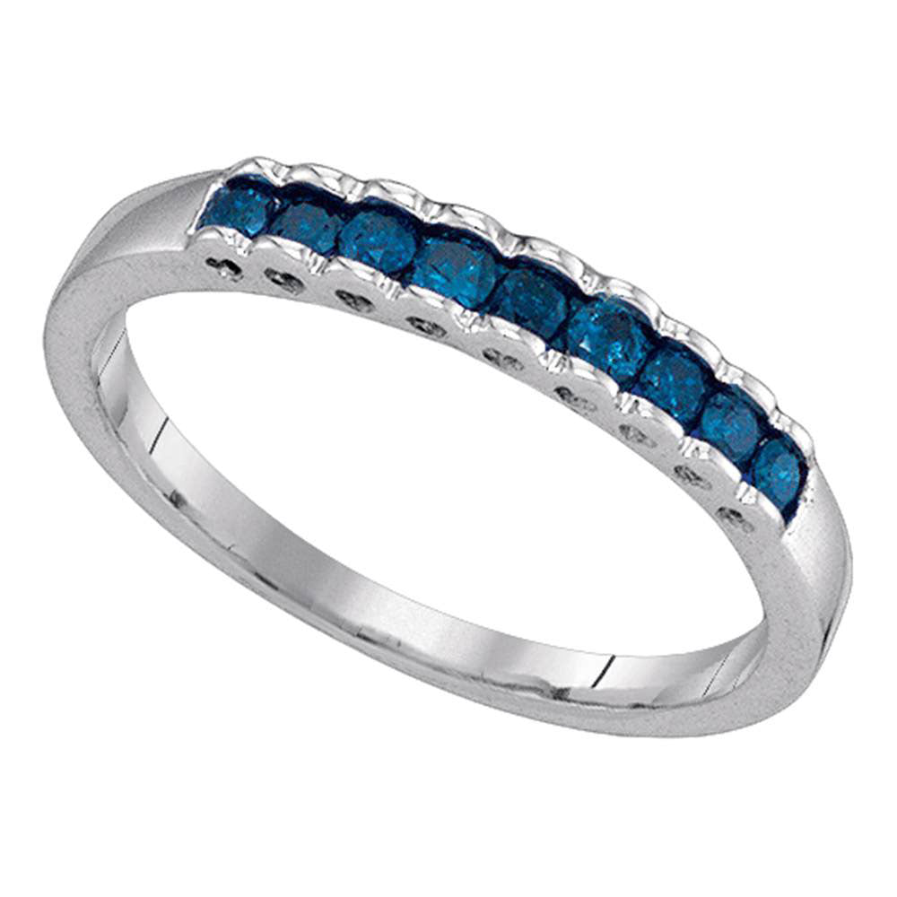 10kt White Gold Womens Princess Blue Color Enhanced Diamond Ribbed Band Ring 1/4 Cttw