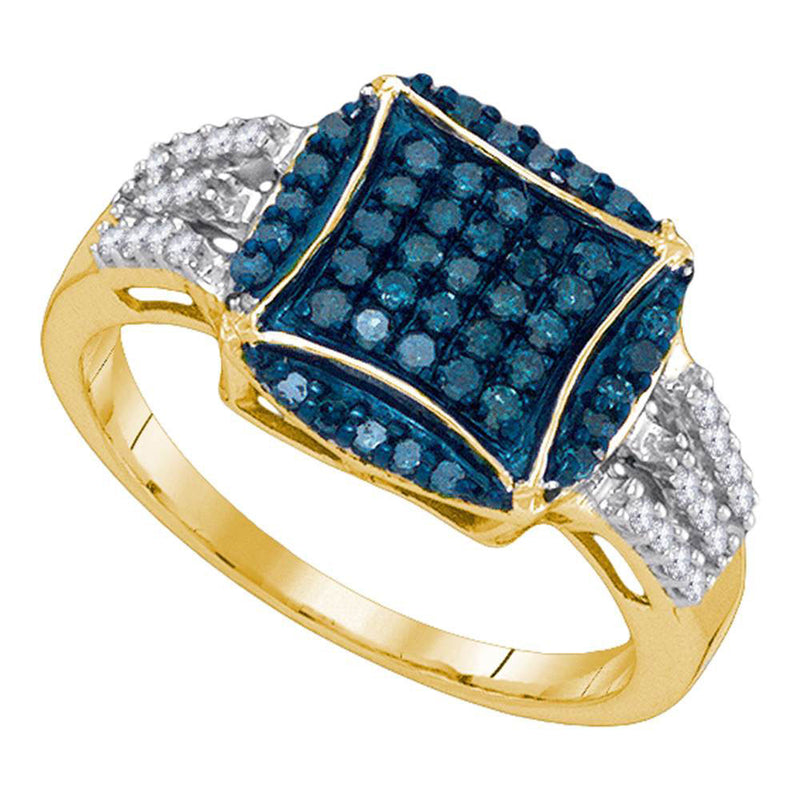 10kt Yellow Gold Womens Round Blue Color Enhanced Diamond Circle Cluster Ring 1/2 Cttw