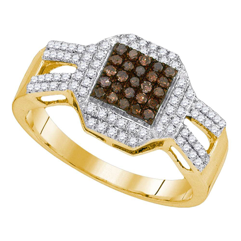 10kt Yellow Gold Womens Round Brown Diamond Square Cluster Ring 3/8 Cttw