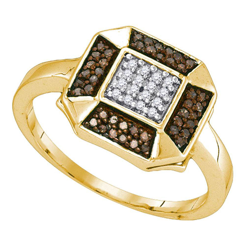 10kt Yellow Gold Womens Round Brown Diamond Square Cluster Ring 1/5 Cttw