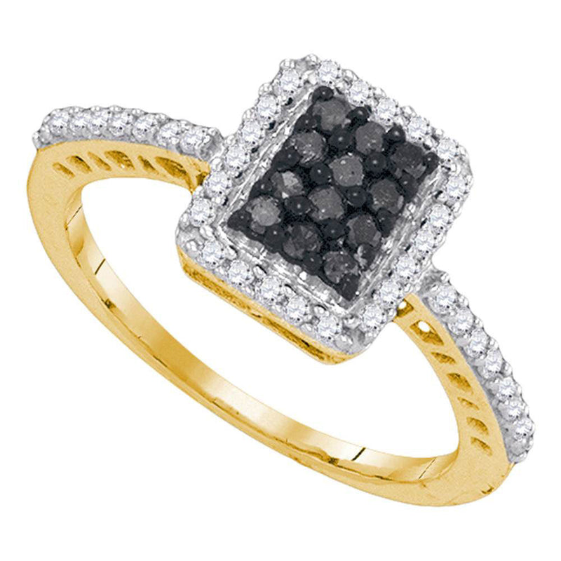 10kt Yellow Gold Womens Round Black Color Enhanced Diamond Cluster Ring 1/2 Cttw