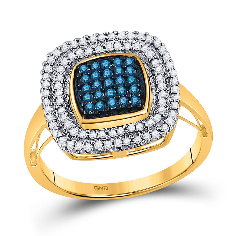 10kt Yellow Gold Womens Round Blue Color Enhanced Diamond Square Frame Cluster Ring 1/2 Cttw