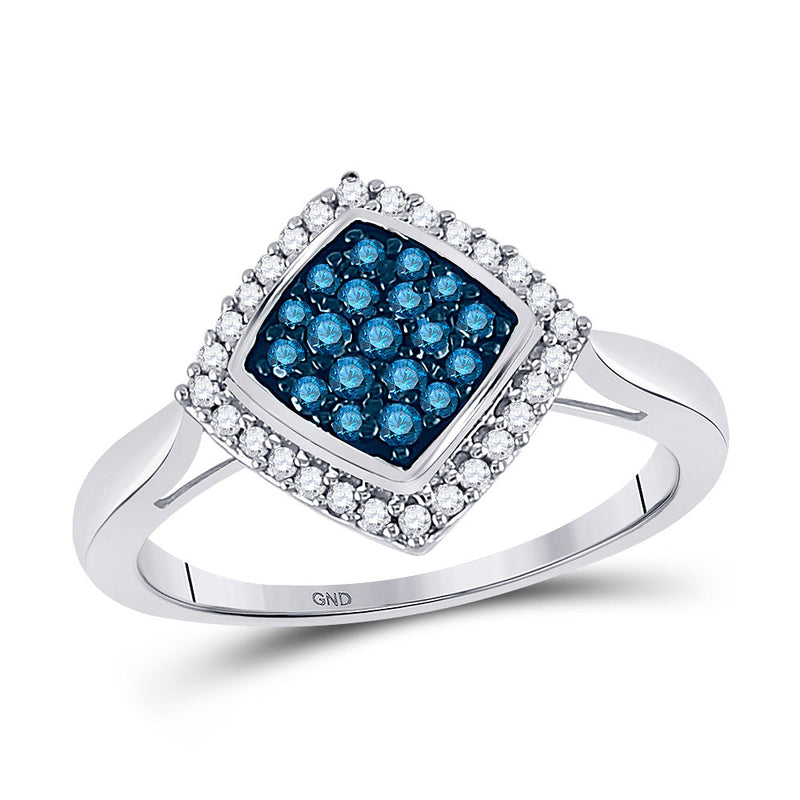 10k White Gold Blue Color Enhanced Round Diamond Womens Diagonal Square Cluster Ring 1/3 Cttw