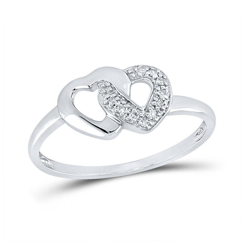 Sterling Silver Womens Round Diamond Double Linked Heart Ring 1/20 Cttw