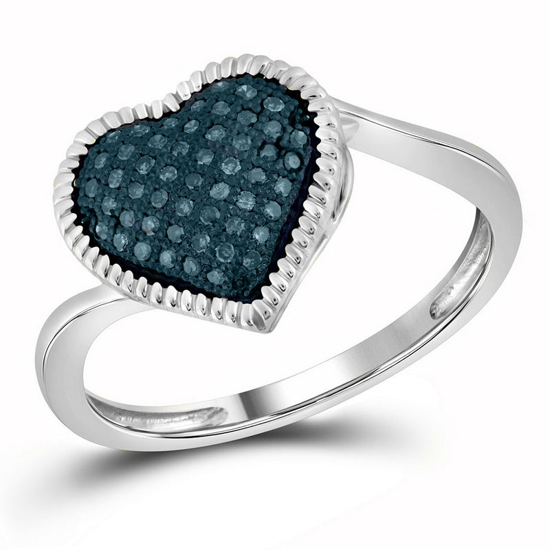 10kt White Gold Womens Round Blue Color Enhanced Diamond Milgrain Heart Cluster Ring 1/6 Cttw