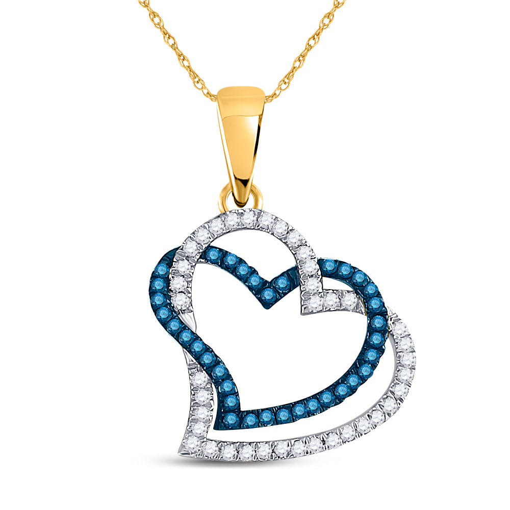 10kt Yellow Gold Womens Round Blue Color Enhanced Diamond Heart Pendant 1/5 Cttw