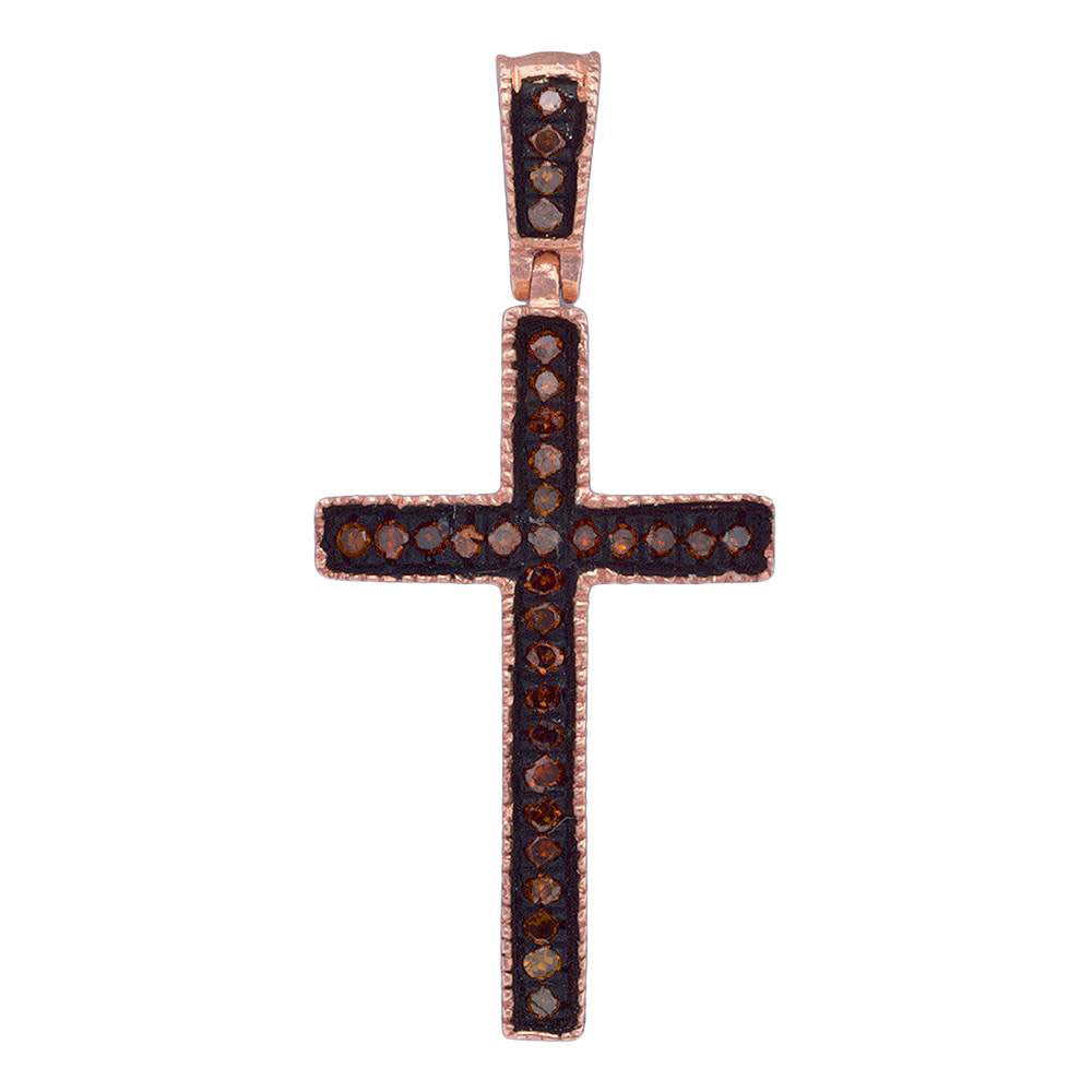 10kt Rose Gold Womens Round Red Color Enhanced Diamond Cross Pendant 1/20 Cttw