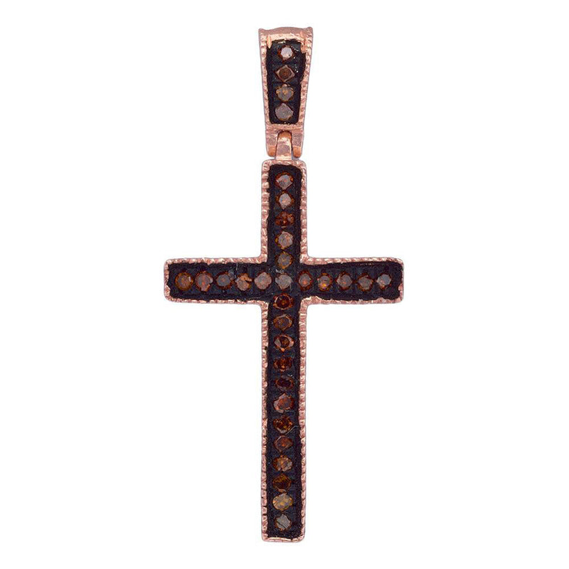 10kt Rose Gold Womens Round Red Color Enhanced Diamond Cross Pendant 1/20 Cttw