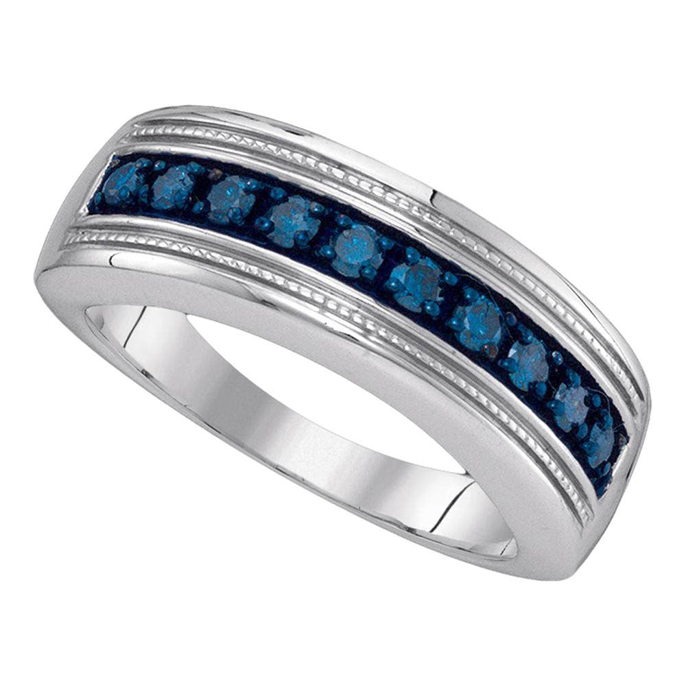 Sterling Silver Mens Round Blue Color Enhanced Diamond Wedding Anniversary Band 1/2 Cttw