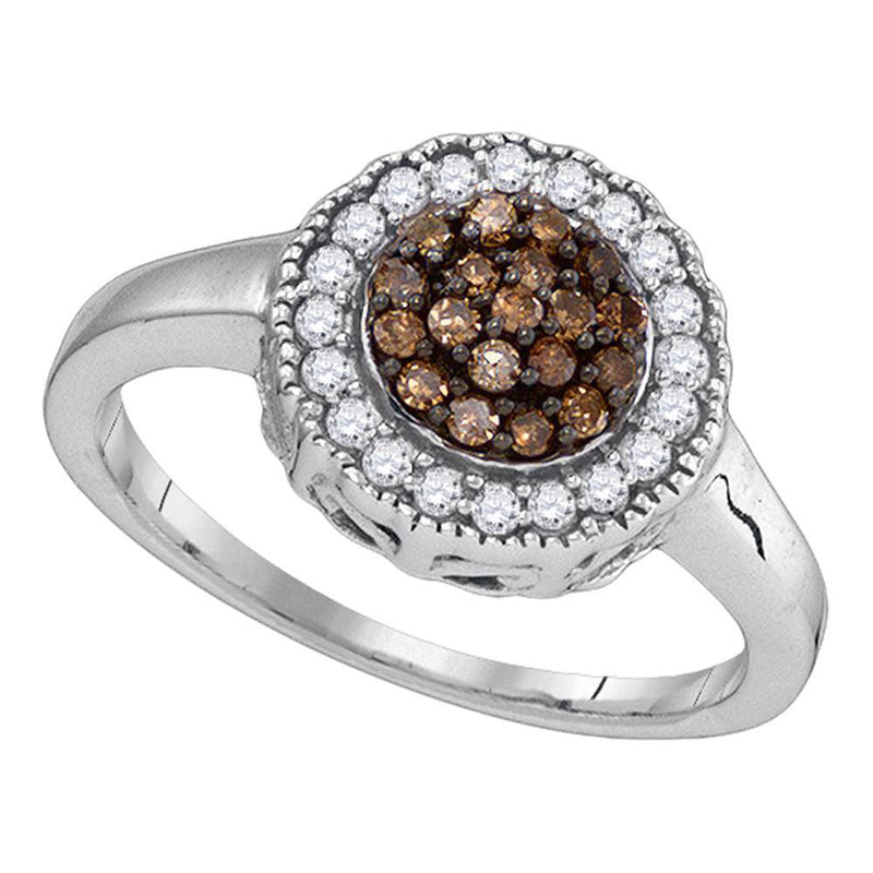 Sterling Silver Womens Round Brown Diamond Cluster Ring 1/3 Cttw