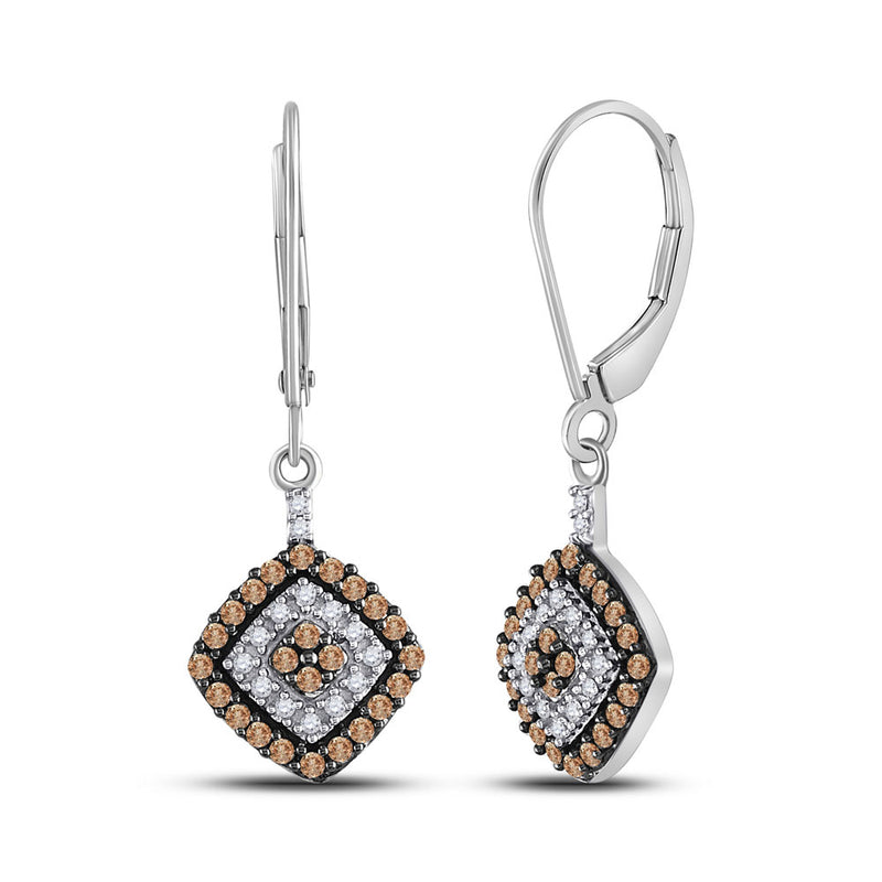 10kt White Gold Womens Round Brown Diamond Square Dangle Earrings 1/2 Cttw