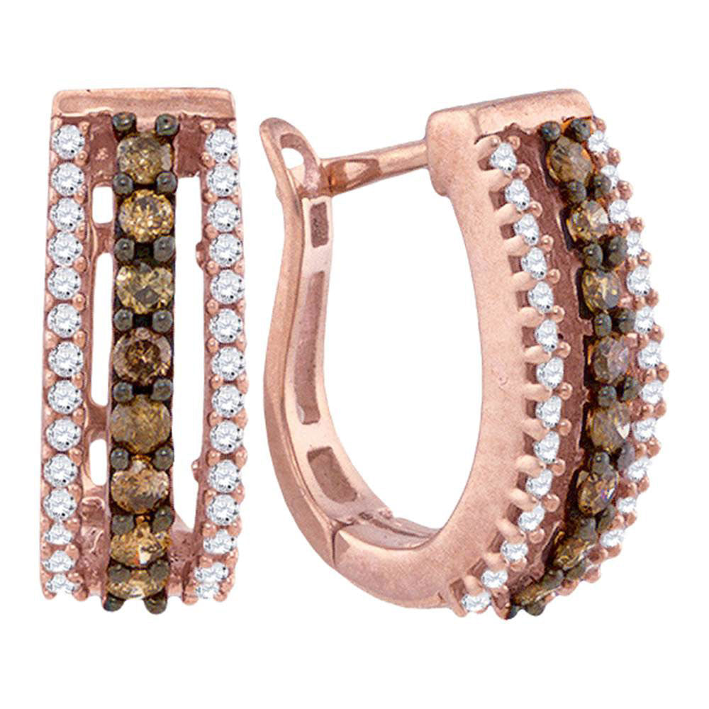 10k Rose Gold Brown White Diamond Womens Pave Hoop Earrings 1/2 Cttw