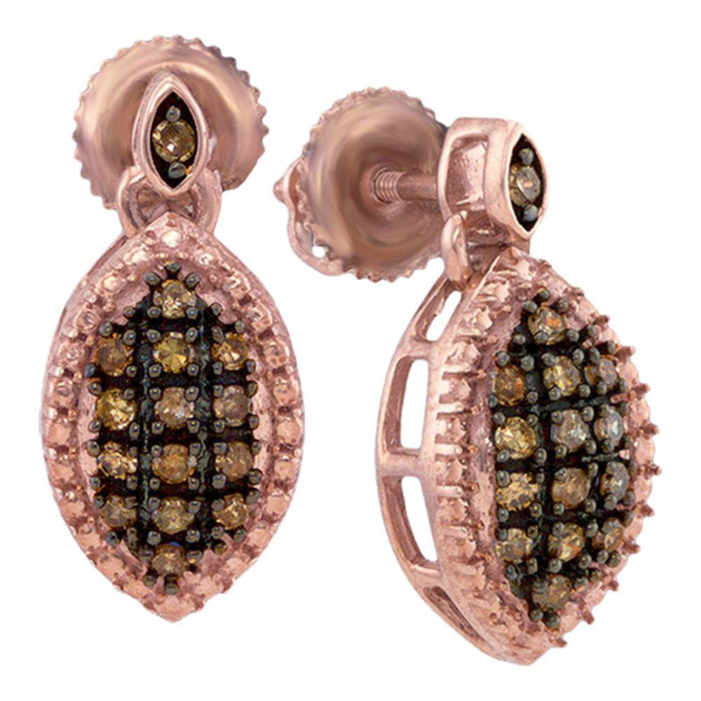 10kt Rose Gold Womens Round Brown Diamond Dangle Earrings 1/3 Cttw