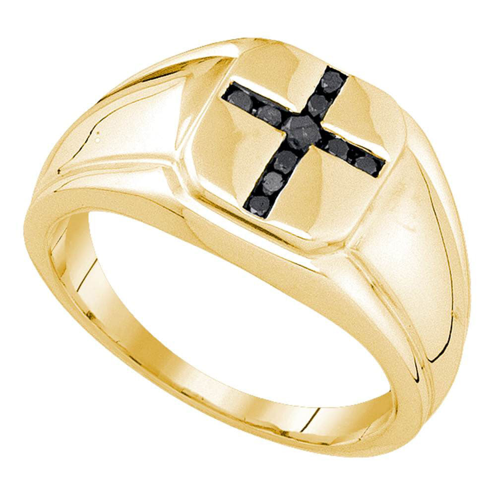 Yellow-tone Sterling Silver Mens Round Black Color Enhanced Diamond Cross Ring 1/4 Cttw