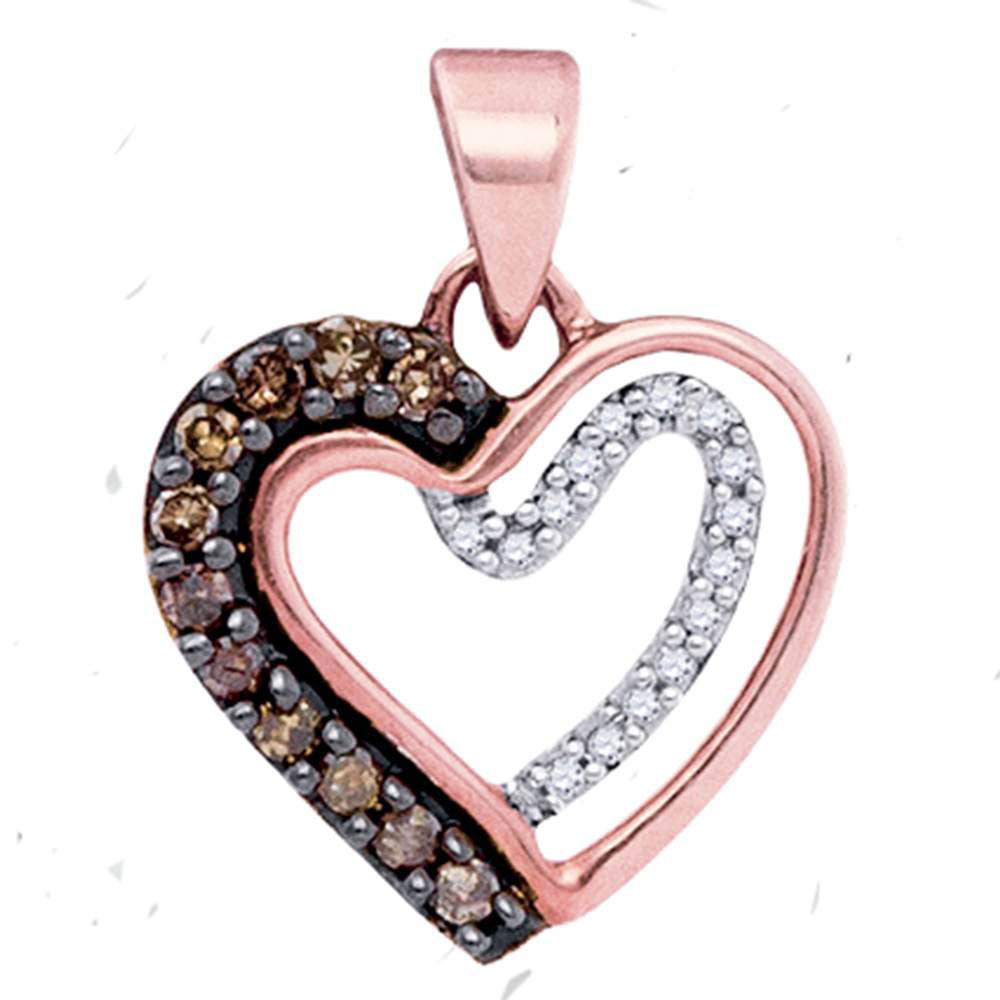 10kt Rose Gold Womens Round Brown Diamond Heart Pendant 1/5 Cttw