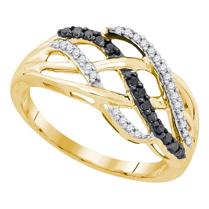 10kt Yellow Gold Womens Round Black Color Enhanced Diamond Crossover Strand Band 1/4 Cttw