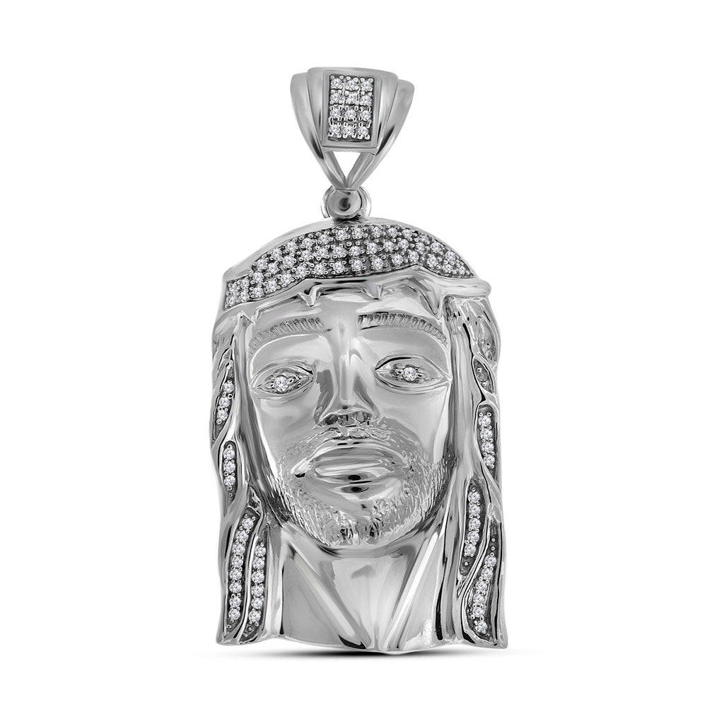 Sterling Silver Mens Round Diamond Jesus Face Charm Pendant 3/8 Cttw