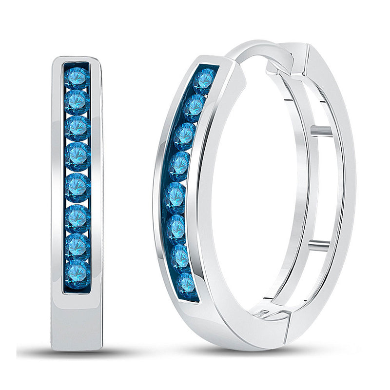 10kt White Gold Womens Round Blue Color Enhanced Diamond Hoop Earrings 1/2 Cttw