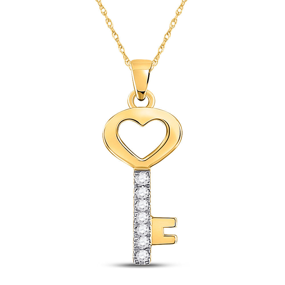 10kt Yellow Gold Womens Round Diamond Key Heart Pendant 1/20 Cttw