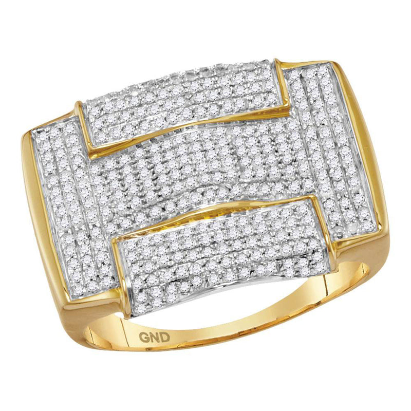 10kt Yellow Gold Mens Round Pave-set Diamond Rectangle Arched Cluster Ring 1 Cttw