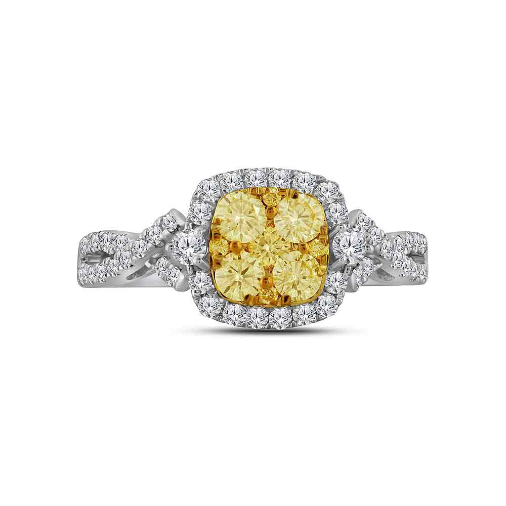 14kt White Gold Womens Round Natural Canary Yellow Diamond Square Cluster Ring 1 Cttw