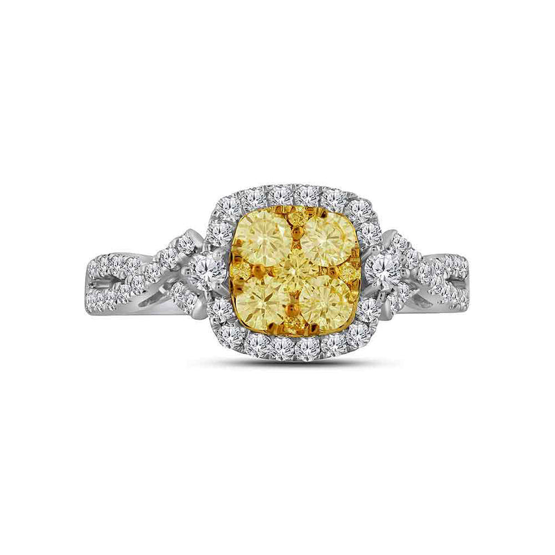 14kt White Gold Womens Round Natural Canary Yellow Diamond Square Cluster Ring 1 Cttw