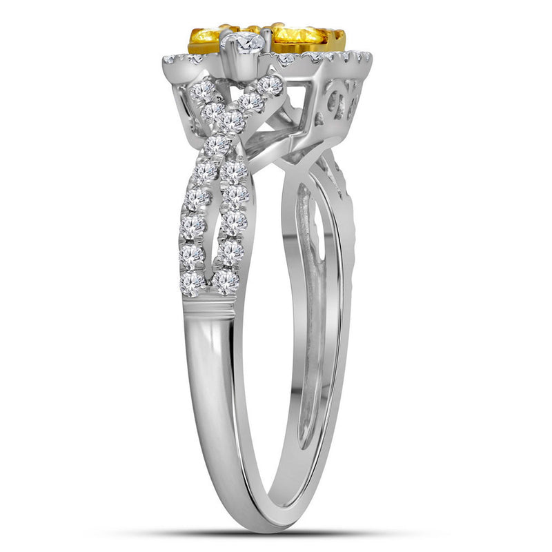 14kt White Gold Womens Round Natural Canary Yellow Diamond Square Cluster Ring 1 Cttw