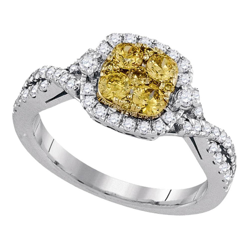 14kt White Gold Womens Round Natural Canary Yellow Diamond Square Cluster Ring 1 Cttw