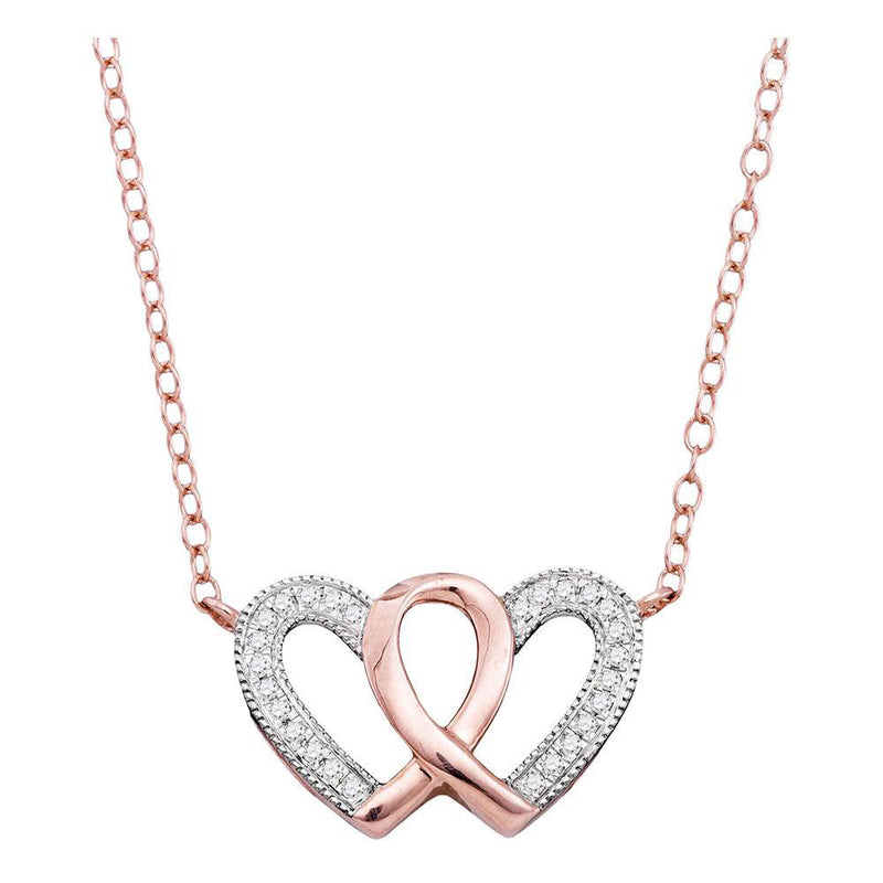 10kt Rose Gold Womens Round Diamond Double Heart Awareness Ribbon Pendant Necklace 1/10 Cttw