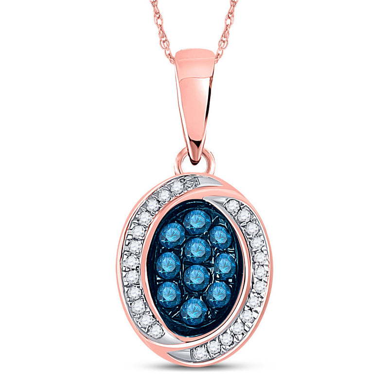 10kt Rose Gold Womens Round Blue Color Enhanced Diamond Oval Pendant 1/3 Cttw