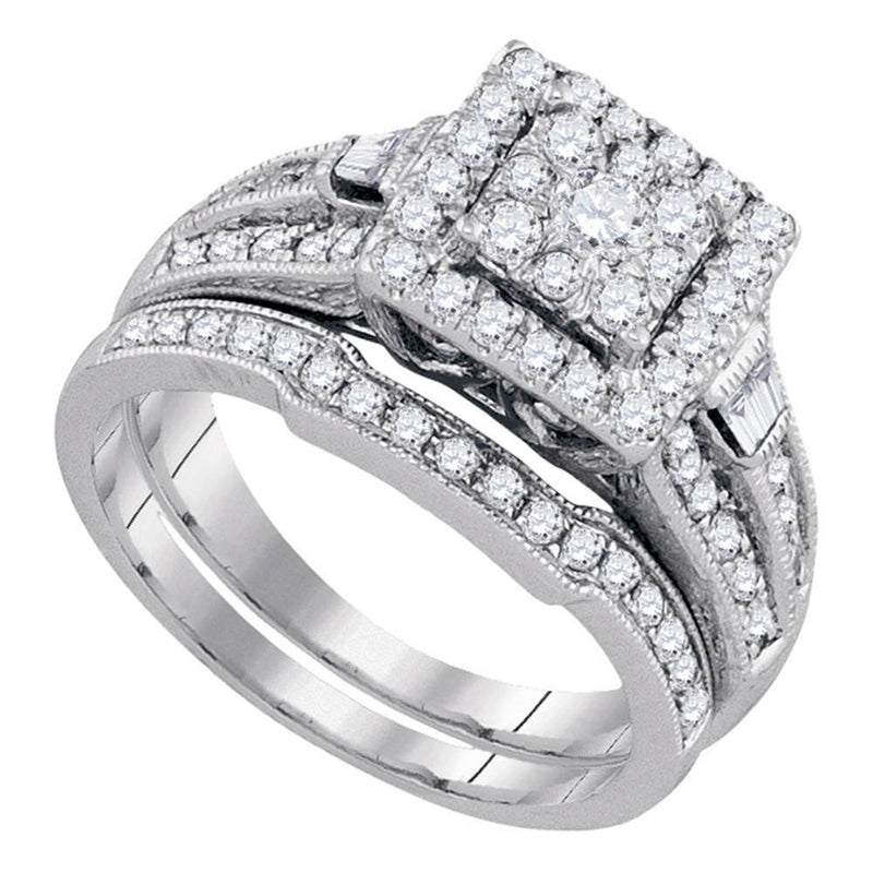 14kt White Gold Round Diamond Square Bridal Wedding Ring Band Set 1 Cttw