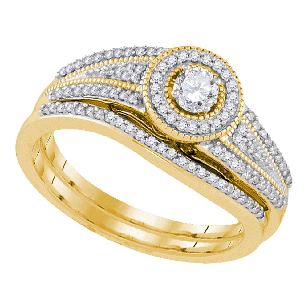 10k Yellow Gold Round Diamond Halo Bridal Wedding Ring Band Set 3/8 Cttw