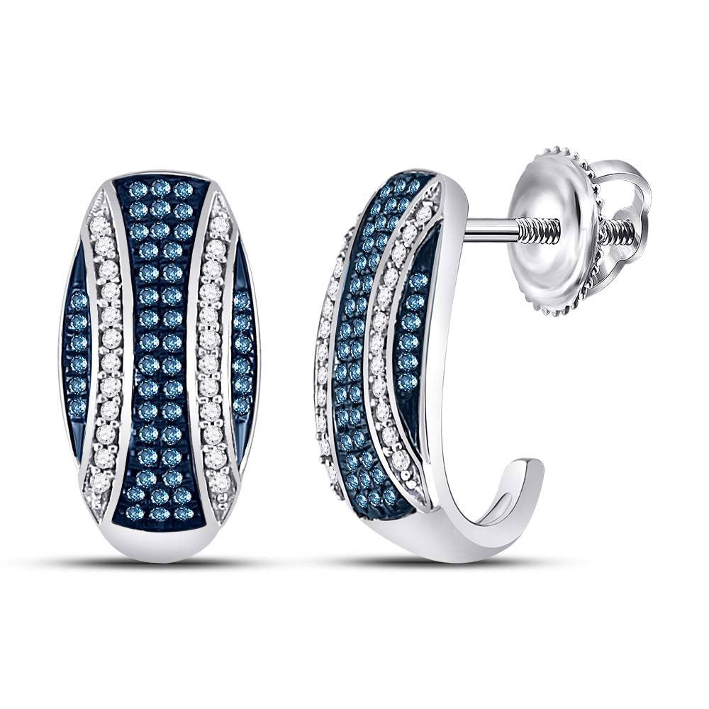 10kt White Gold Womens Round Blue Color Enhanced Diamond Half J Hoop Earrings 3/8 Cttw