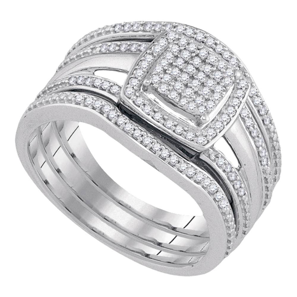 10kt White Gold Round Diamond Square Bridal Wedding Engagement Ring 3-Piece Set 1/3 Cttw