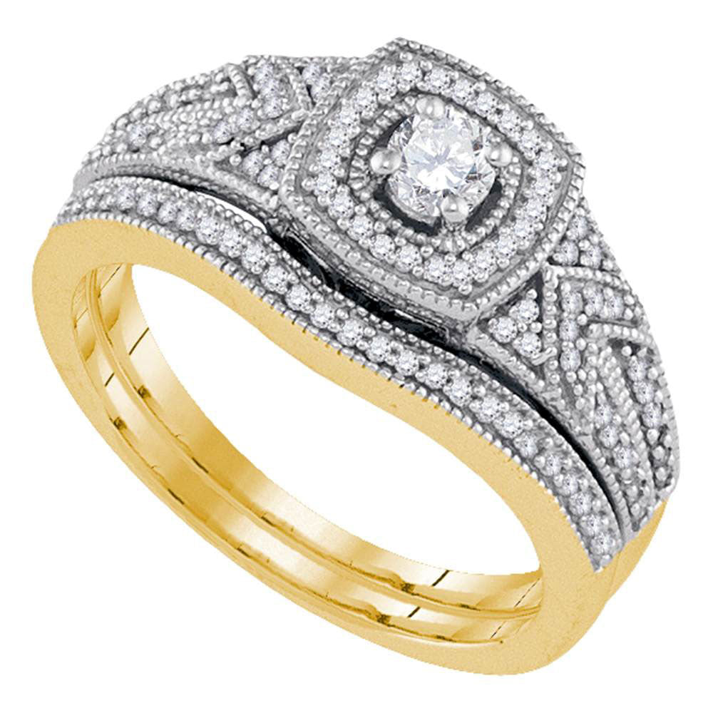 10k Yellow Gold Round Diamond Filigree Bridal Wedding Ring Band Set 3/8 Cttw